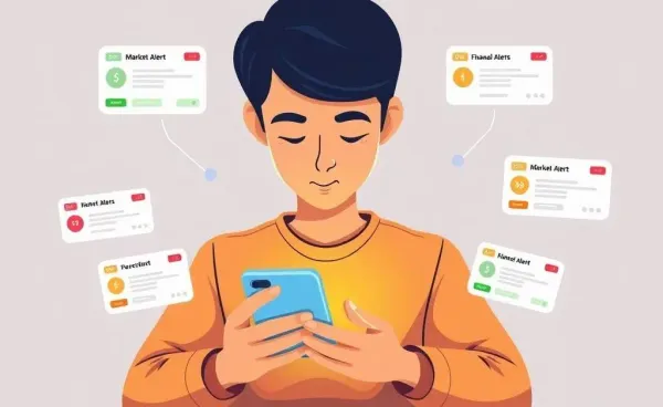 Cartoon of a person checking financial alerts on phone