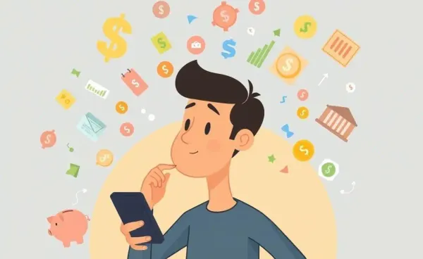 Person exploring an investment app with financial symbols
