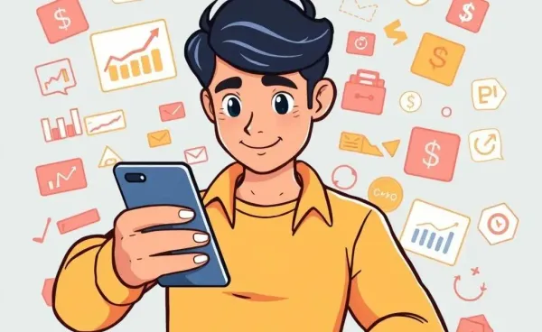 Person using an investment app with financial icons around them