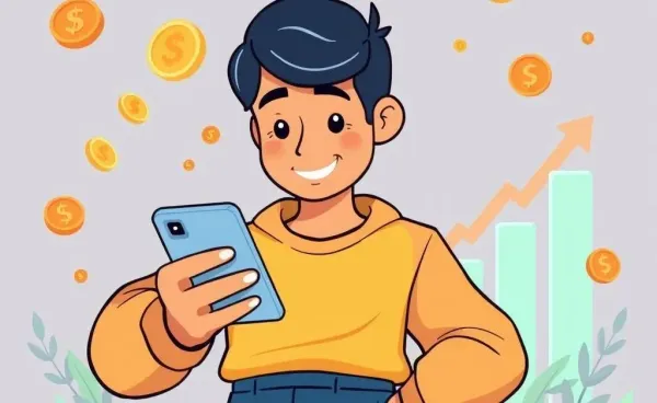 A person using an investment app on a smartphone with coins and charts around.