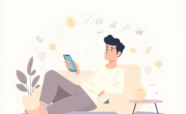 A person using a mobile app for investments surrounded by financial icons
