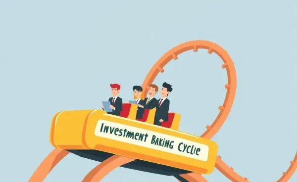 Cartoon of a rollercoaster labeled 'Investment Banking Cycle' with bankers.