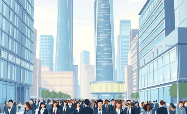 Cartoon illustration of a financial district bustling with activity