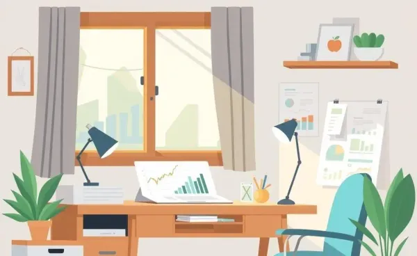 A cozy workspace with financial charts and sunlight