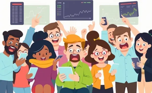 A diverse group of beginners examining stock charts on their devices.