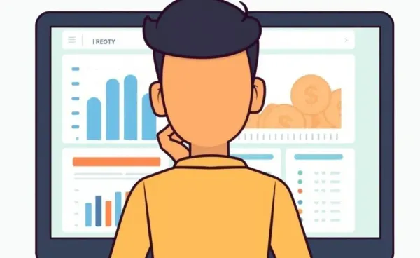 Person contemplating investment choices with a diverse portfolio on screen