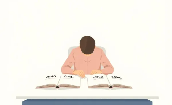 Illustration of a person comparing Roth IRA and 401(k) investment options at a desk.