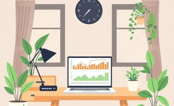 A cozy home office setup with a laptop displaying investment graphs