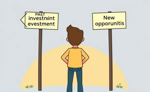 A cartoon of a person at a crossroads, deciding between past and new investment opportunities.