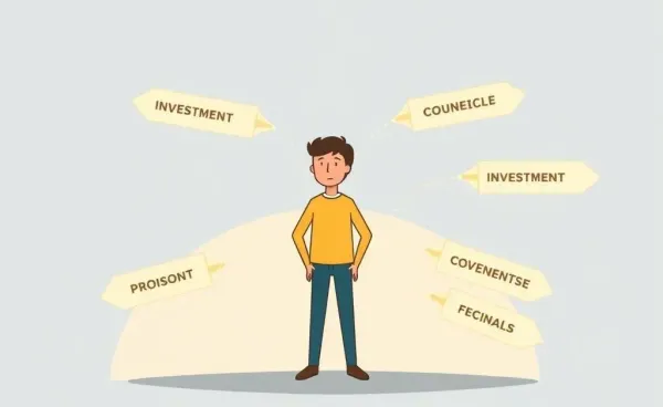 A person at a crossroads with various investment paths ahead.