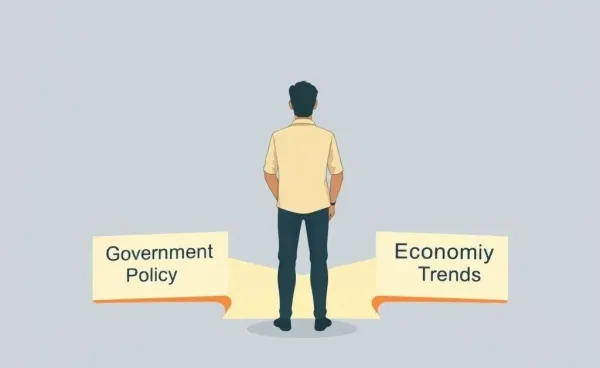 Person at a crossroads with paths labeled 'Government Policy', 'Investments', and 'Economic Trends'