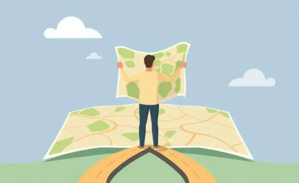 Person at a forked path with a map, symbolizing investment decisions