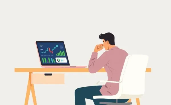Person pondering investment options at a desk with graphs and charts