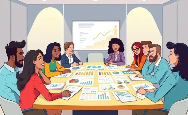 Cartoon of people discussing investments over a table of graphs and data