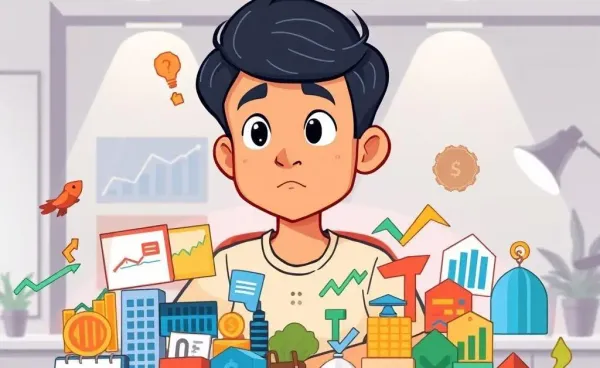 A person contemplating different investment symbols in a cartoon-style illustration