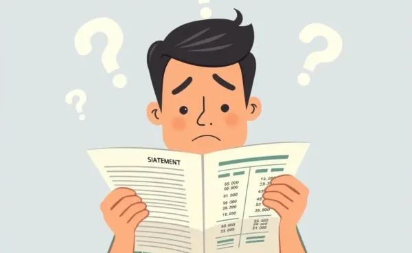 Cartoon image of a person looking puzzled at a financial statement