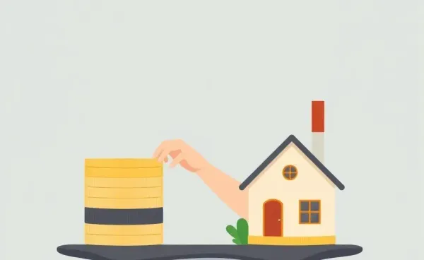 A balance scale with coins and a small house depicting investment and independence.