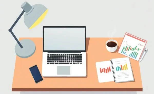 A desk with financial charts and a laptop illustrating an investment insights theme