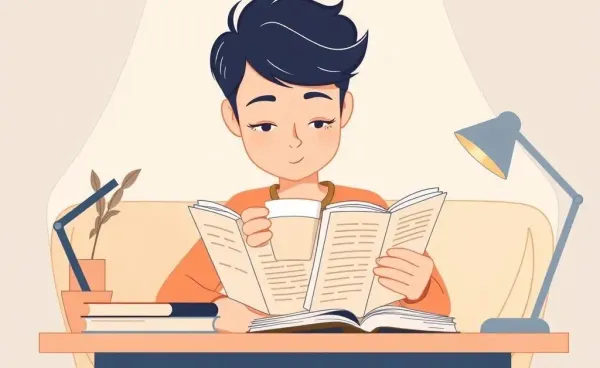 A cartoon image of a person reading investment books with a cup of tea.