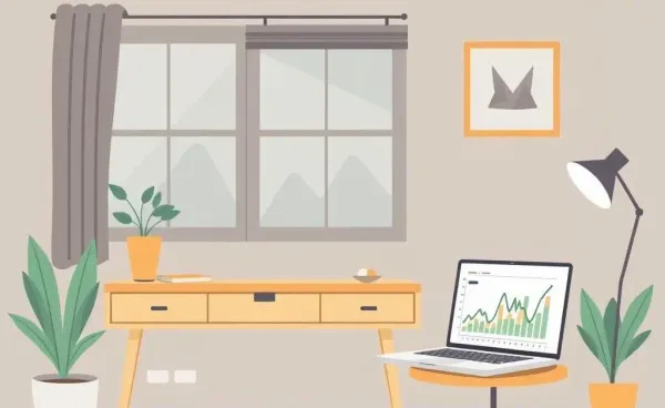 A cozy room with a desk featuring a laptop and investment graphs on the screen.