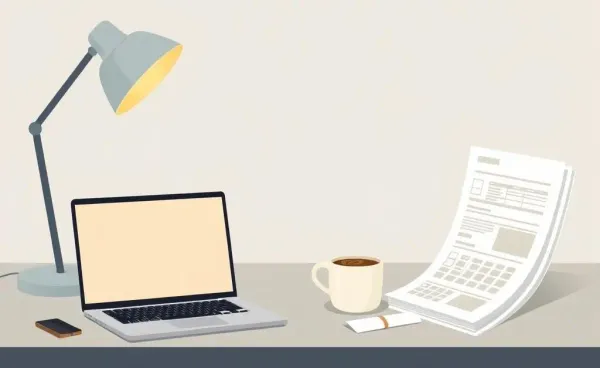 A warm and inviting home office setup with a laptop and financial documents