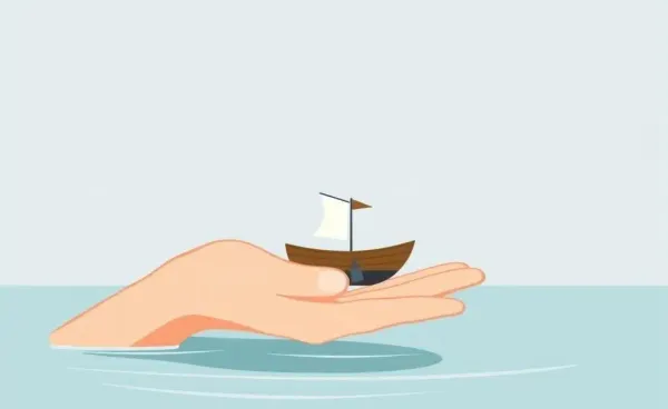 An illustration of a hand holding a small boat in calm waters, symbolizing the investment journey.