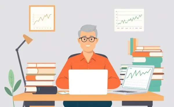 A person in their 40s beginning their investment journey with books and laptop