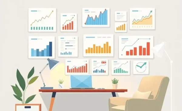 A cozy study with diverse investment charts on the wall.