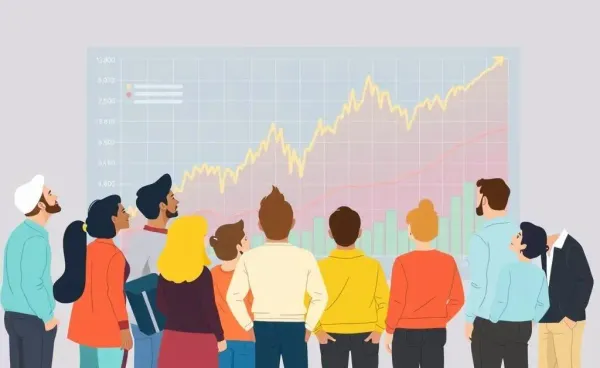 A cartoon-style diverse group examining a financial chart