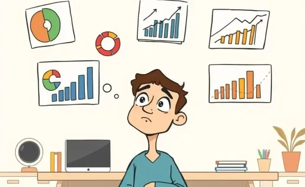 A thoughtful person looking at investment options represented by floating charts.