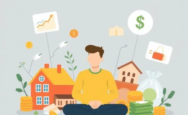 Person sitting amidst various investing options like stocks, real estate, and savings.