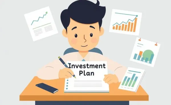 Person planning investments at a desk with charts and graphs