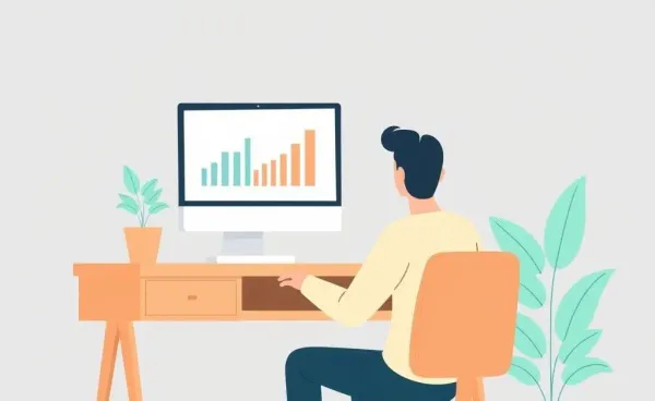 A person planning investments at a desk with a computer and plant