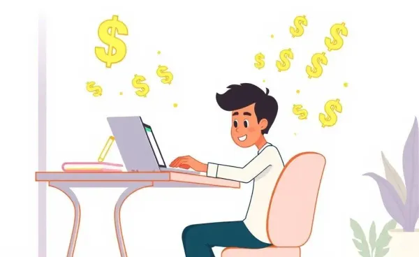 Cartoon-style illustration of person planning investments at a desk