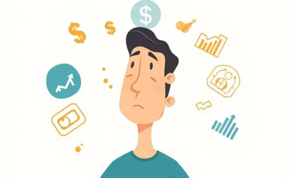 A person contemplating investment plans surrounded by financial symbols.