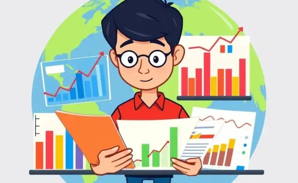 Illustration of a person analyzing an investment portfolio with a globe theme.