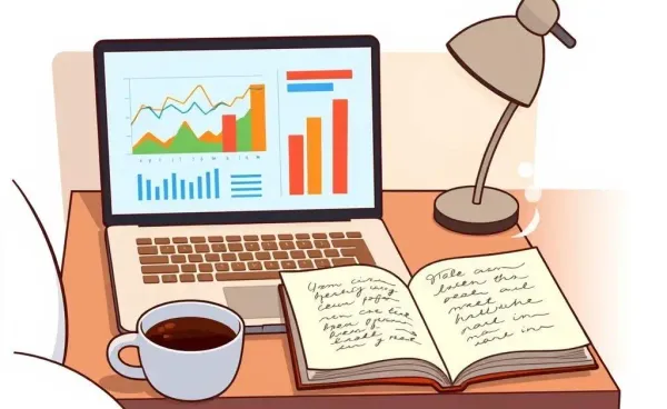A cozy desk setup with a laptop, notebook, and coffee for planning an investment portfolio.