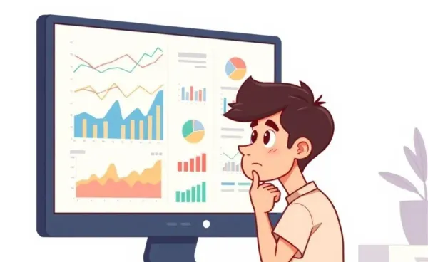 Cartoon-style person looking at financial graphs on a computer screen