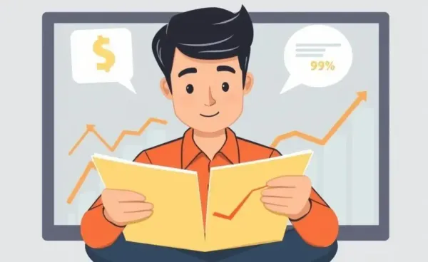 Illustration of person reviewing an investment portfolio with changing graphs