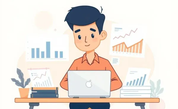 Illustration of a person planning investment portfolio with charts and a laptop