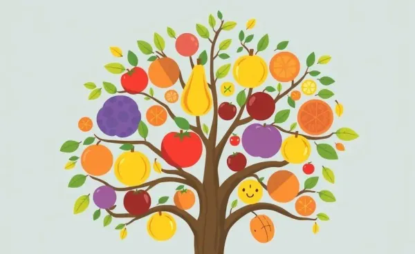 A tree with colorful fruits representing different investments