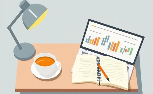 A peaceful desk with a cup of tea, a notebook, and an open laptop displaying graphs.