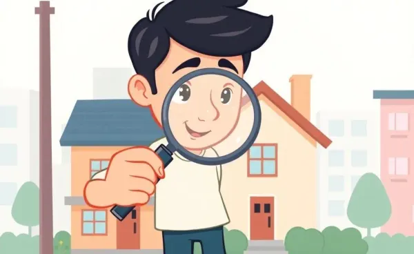 An individual analyzing investment potential using a magnifying glass on a house.