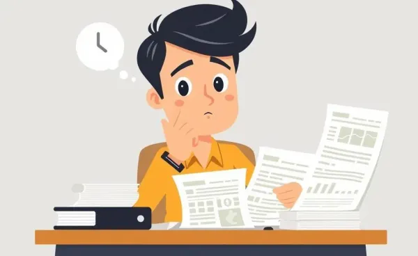 Person thinking about investments while surrounded by documents