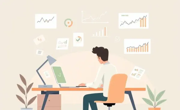 Person researching investment options at their desk with stock market charts