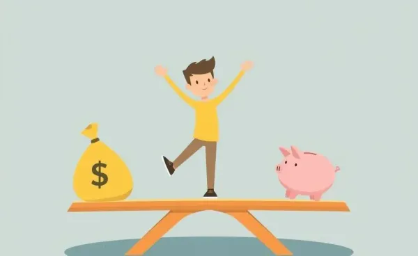 A cartoon of a person balancing on a seesaw with money bags and a piggy bank.