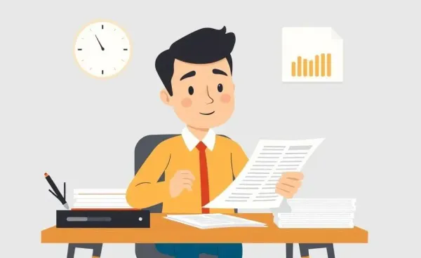 A cartoon of a person reviewing investment documents at a desk.