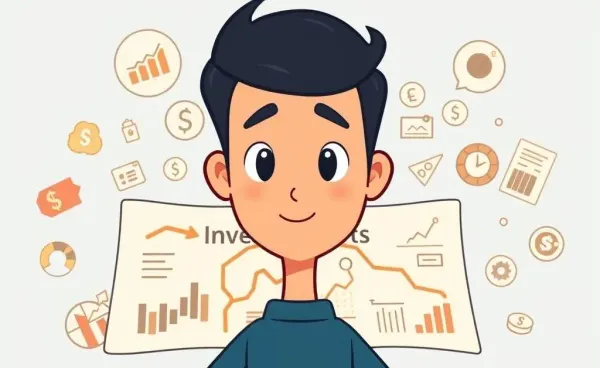 A person looking at a roadmap labeled investments with financial symbols.