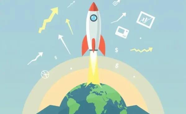 A cartoon rocket symbolizing investment launch in a modern stock market setting