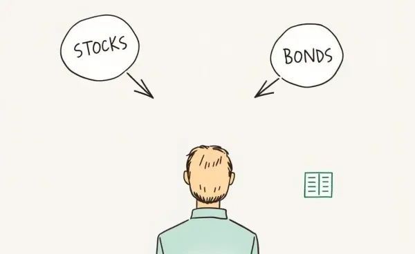 Illustration of person contemplating investment strategies with stock and bond options